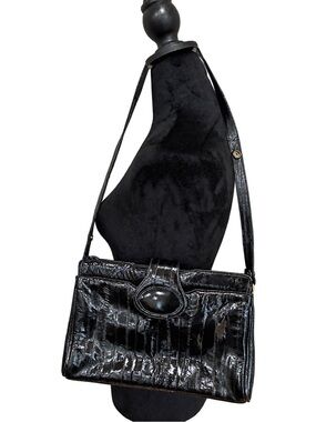 Vintage Genuine Eel Skin Leather Black Shoulder Bag Made in Korea 80s